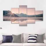 Foggy Mountain Lake At Sunrise 5 Piece Multi Panels Canvas Prints Wall Art - Painting Canvas,Wall Decor