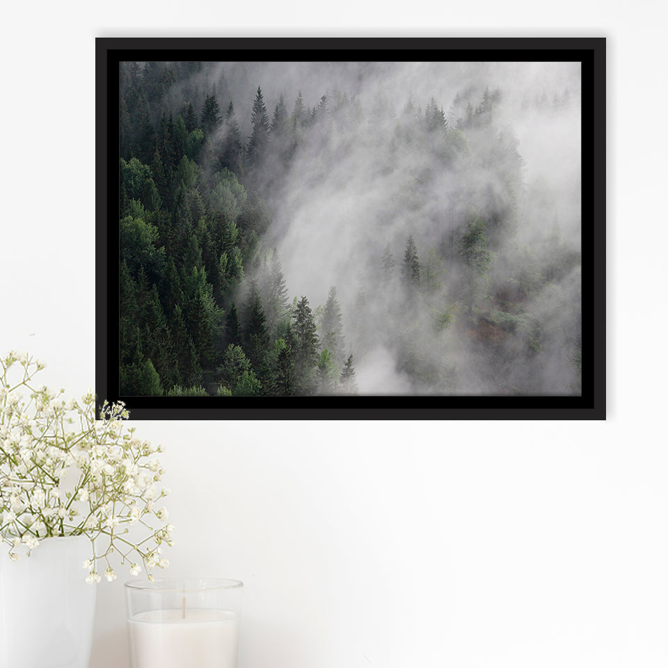 Foggy Mountains Framed Canvas Prints Wall Art Decor, Framed Picture, Floating Frame