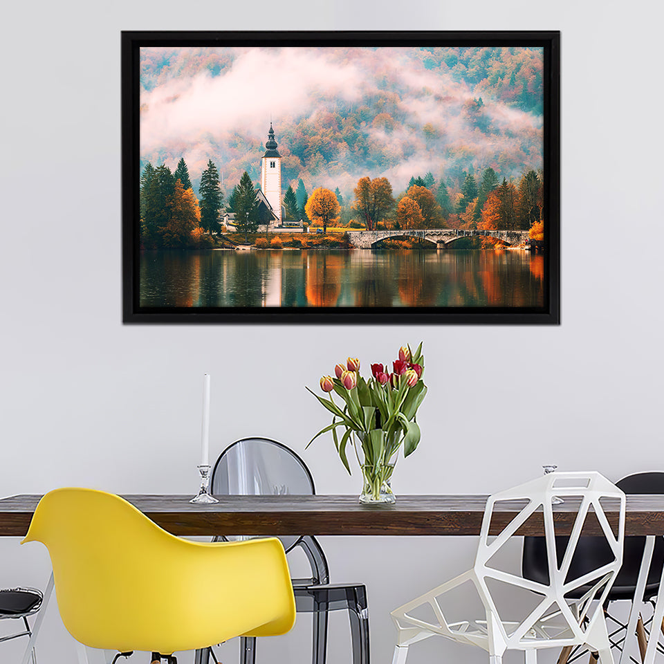 Foggy Morning In Autumn At Lake Bohinj Framed Canvas Wall Art - Framed Prints, Canvas Prints, Prints for Sale, Canvas Painting