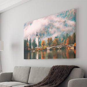 Foggy Morning In Autumn At Lake Bohinj In National Park Triglav Canvas Wall Art - Canvas Prints, Prints for Sale, Canvas Painting