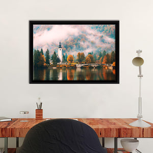 Foggy Morning In Autumn At Lake Bohinj Framed Canvas Wall Art - Framed Prints, Canvas Prints, Prints for Sale, Canvas Painting