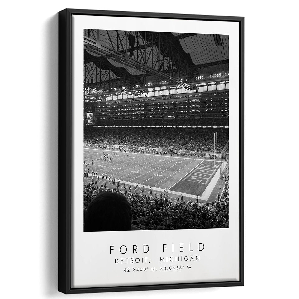 Ford Field Detroit Lions Football Lovers Black And White Art Framed Canvas Prints Wall Art Home Decor, Floating Frame