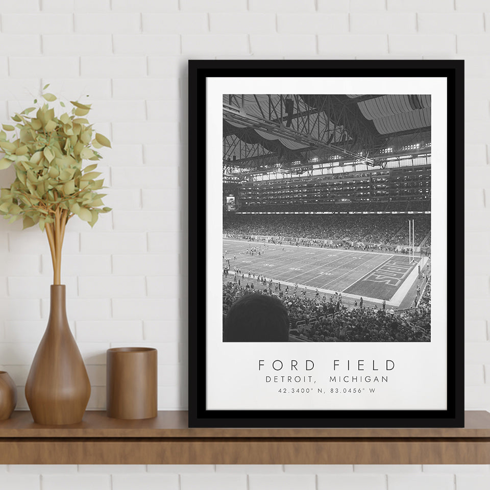 Ford Field Detroit Lions Football Lovers Black And White Art Framed Canvas Prints Wall Art Home Decor, Floating Frame