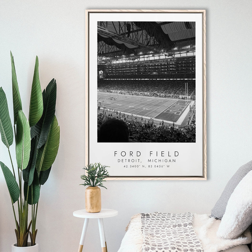 Ford Field Detroit Lions Football Lovers Black And White Art Framed Canvas Prints Wall Art Home Decor, Floating Frame