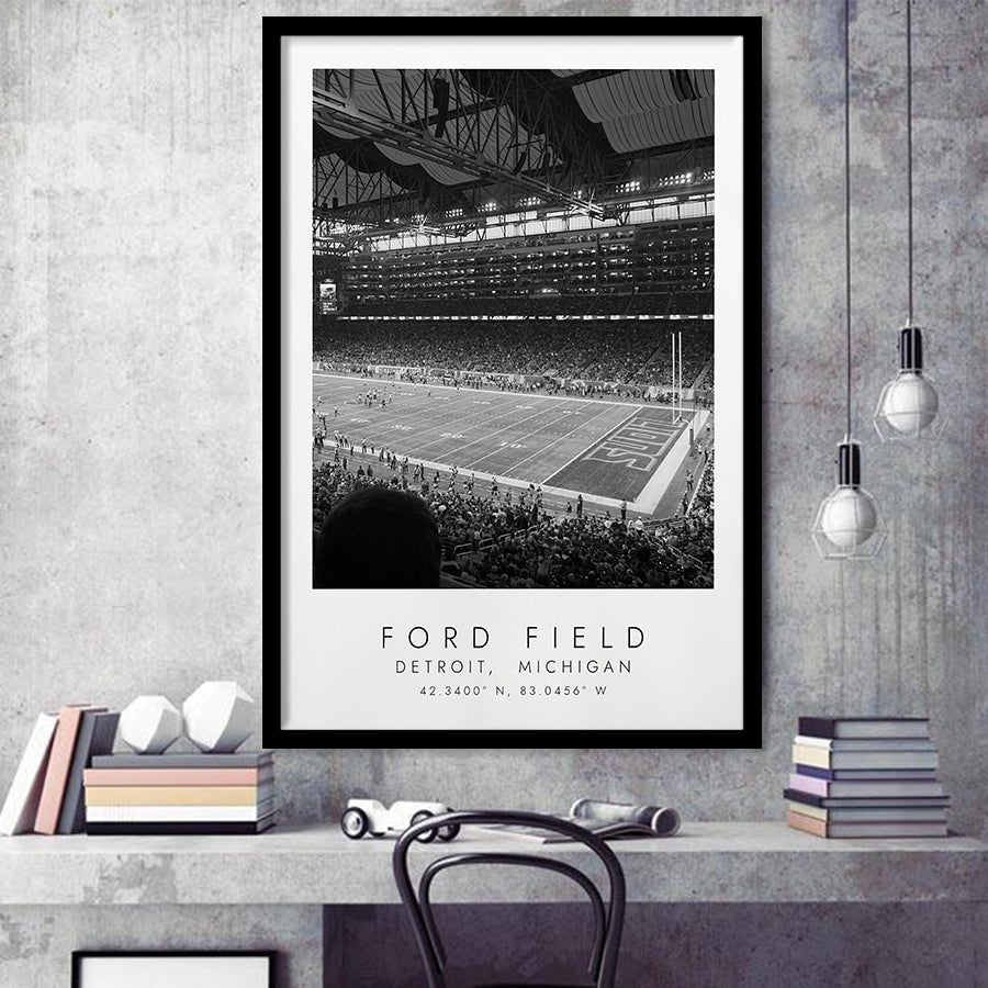 Ford Field Detroit Lions Football Lovers Black And White Art Framed Art Prints Wall Art Decor, Framed Picture