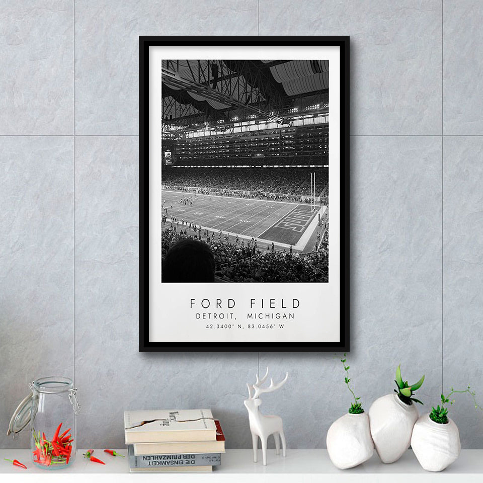 Ford Field Detroit Lions Football Lovers Black And White Art Framed Canvas Prints Wall Art Home Decor, Floating Frame