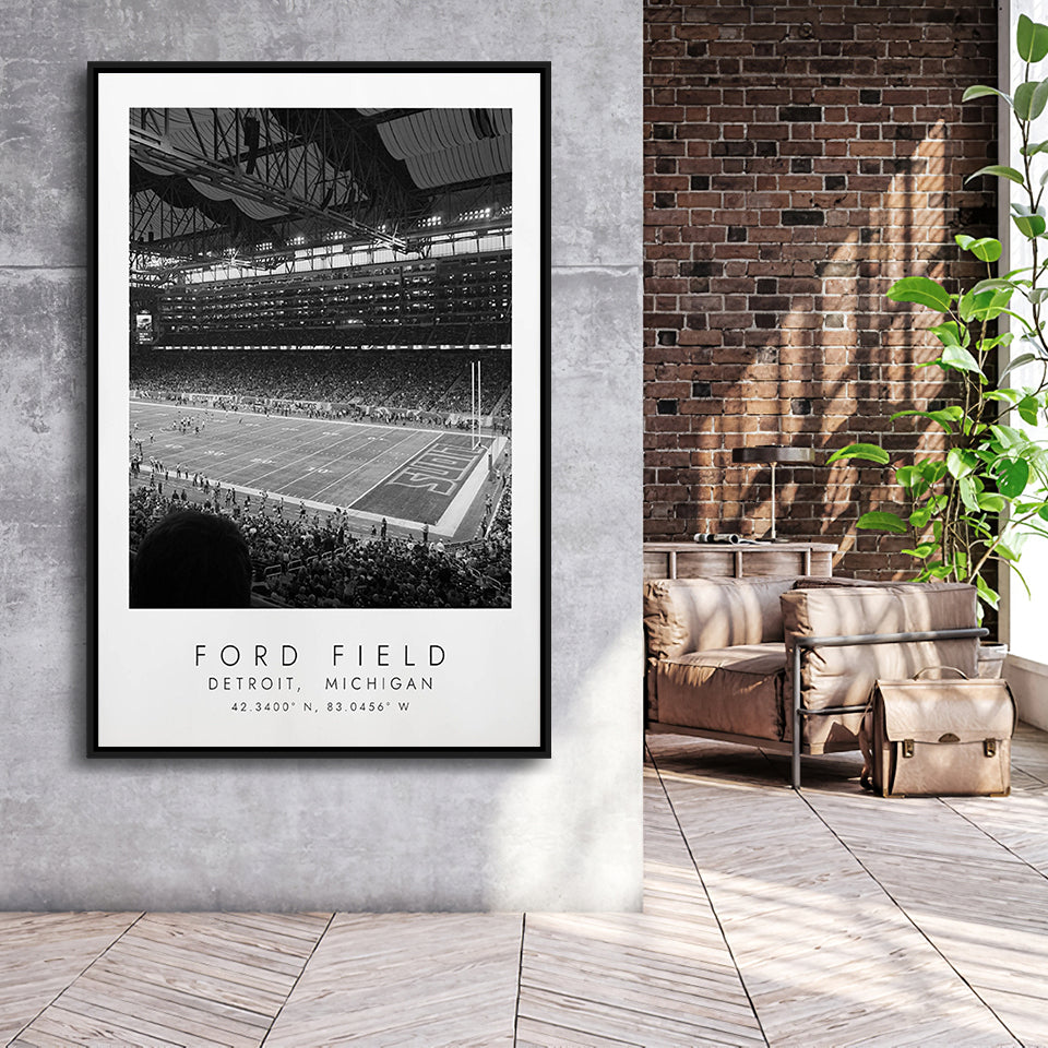 Ford Field Detroit Lions Football Lovers Black And White Art Framed Canvas Prints Wall Art Home Decor, Floating Frame