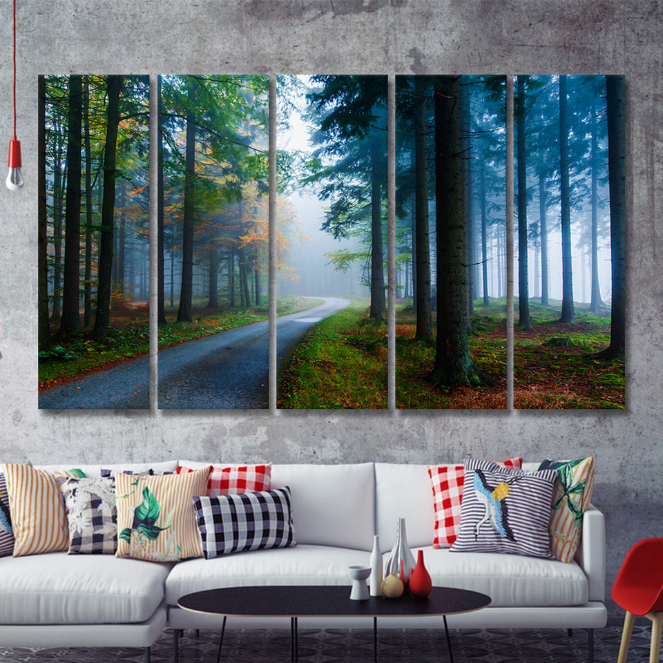 Forest Fog Pine Trees 5 Pieces B Canvas Prints Wall Art - Painting Canvas, Multi Panel, Wall Decor, Canvas Art