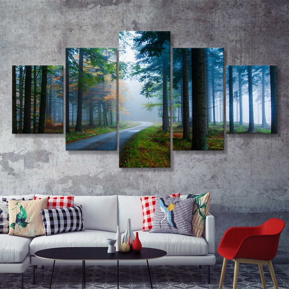 Forest Fog Pine Trees 5 Pieces Canvas Prints Wall Art - Painting Canvas, Multi Panel, Wall Decor, Canvas Art