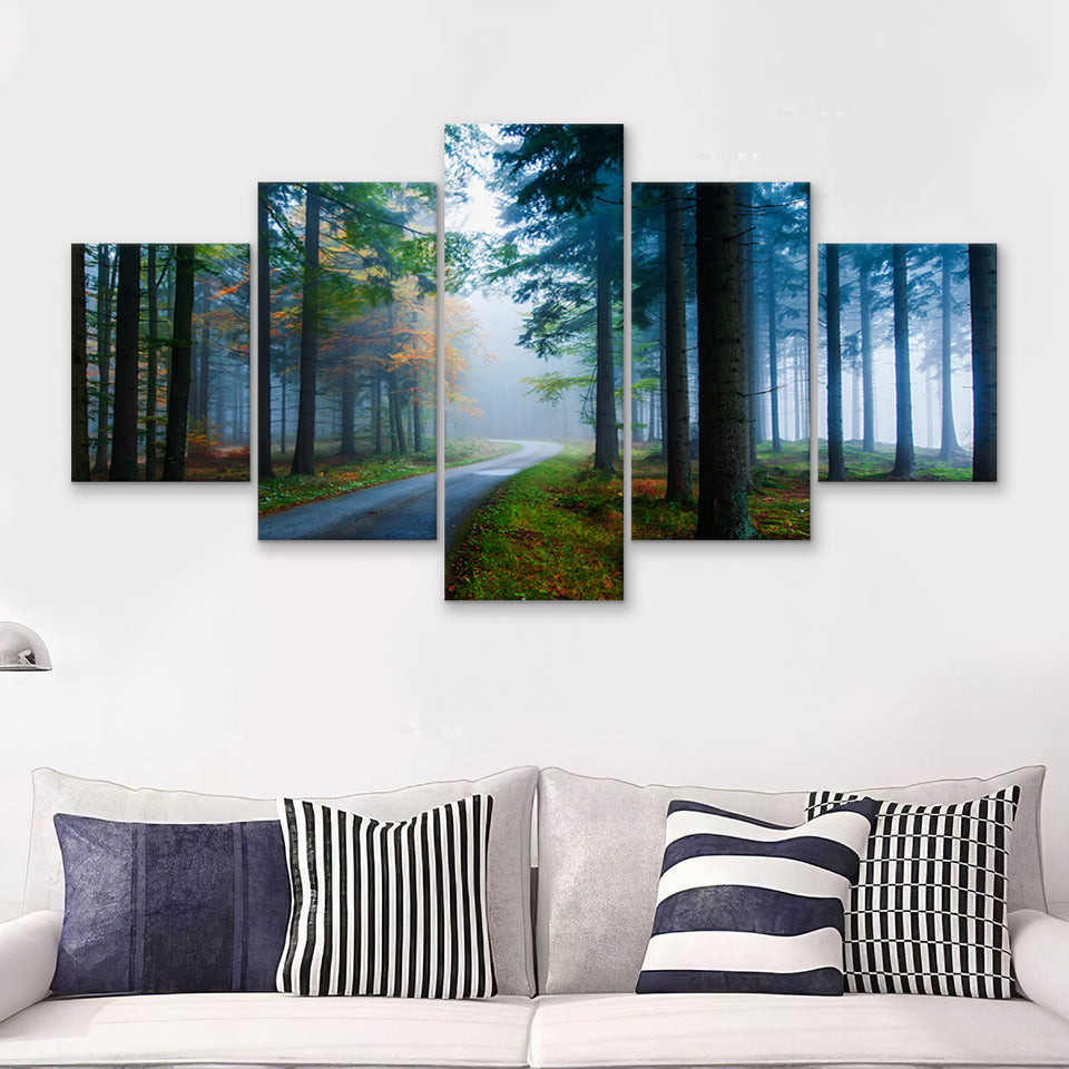 Forest Fog Pine Trees 5 Pieces Canvas Prints Wall Art - Painting Canvas, Multi Panel, Wall Decor, Canvas Art