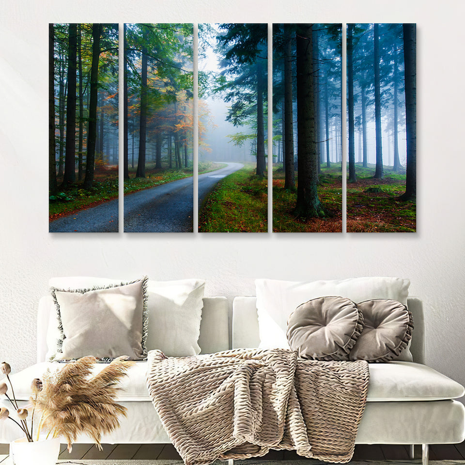 Forest Fog Pine Trees 5 Pieces B Canvas Prints Wall Art - Painting Canvas, Multi Panel, Wall Decor, Canvas Art