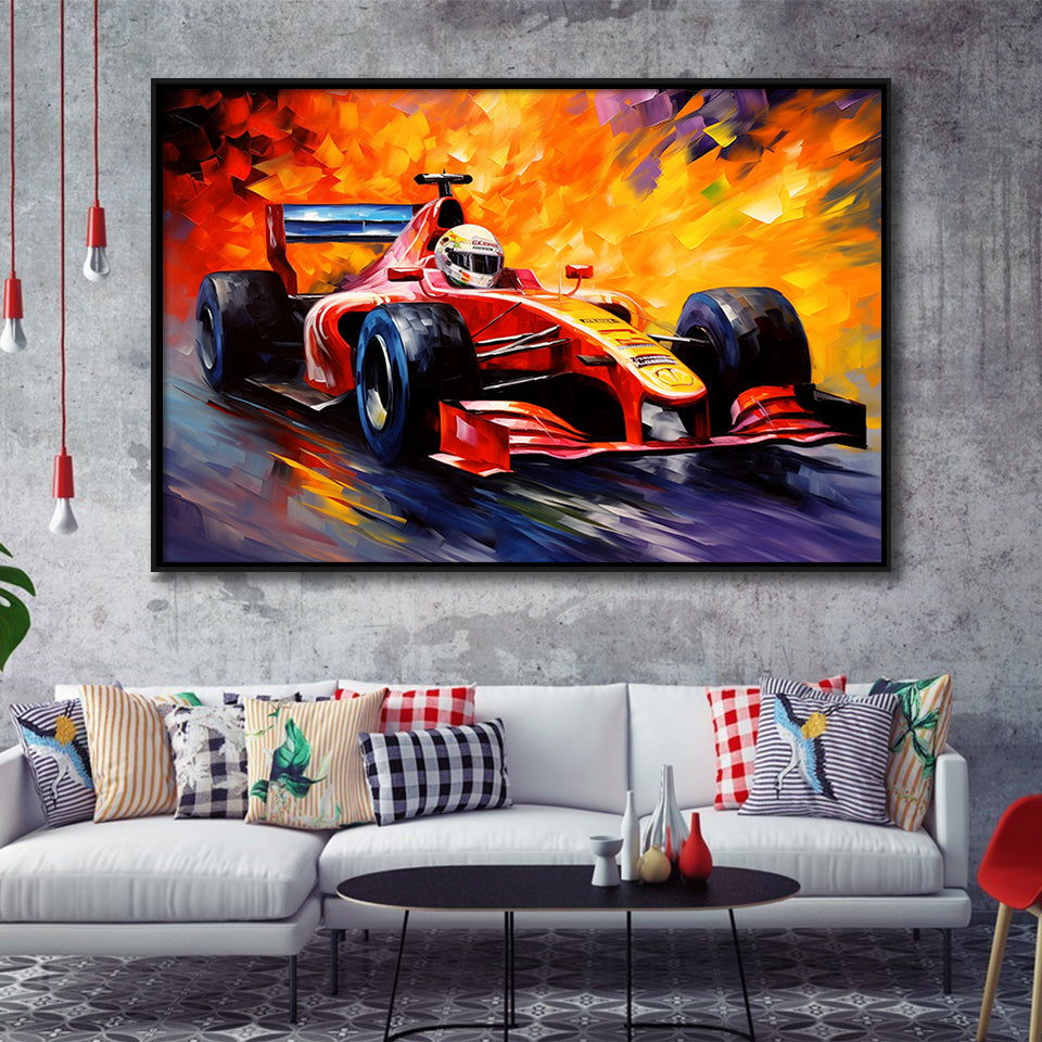 Formula 1 Oil Painting Art Grand Prix Acrylic Mixed Color Painting, Framed Canvas Prints Wall Art Decor, Floating Frame