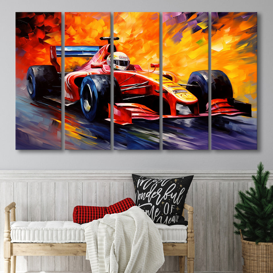 Formula 1 Oil Painting Art Grand Prix Acrylic Mixed Color Painting,5 Panel Extra Large Canvas Prints Wall Art
