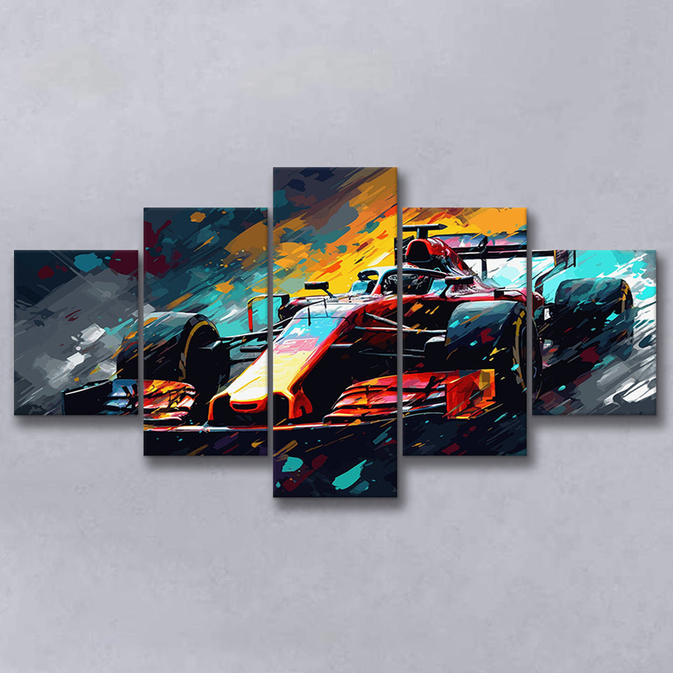 Formula 1 Racing Car Painting Wall Art, 5 Panel Canvas Prints Wall Art,Mixed Canvas, Large Canvas