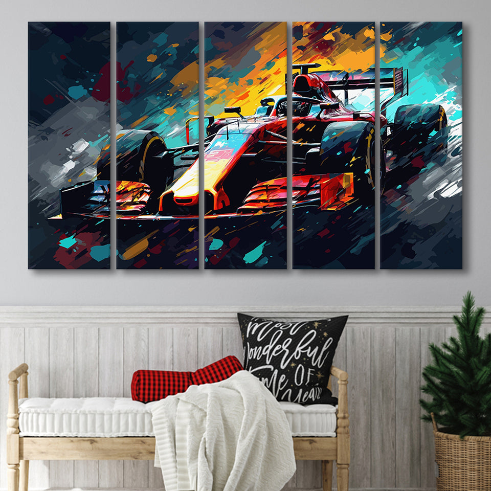 Formula 1 Racing Car Painting Wall Art, 5 Panel B Canvas Prints Wall Art, Extra Large Canvas Decor