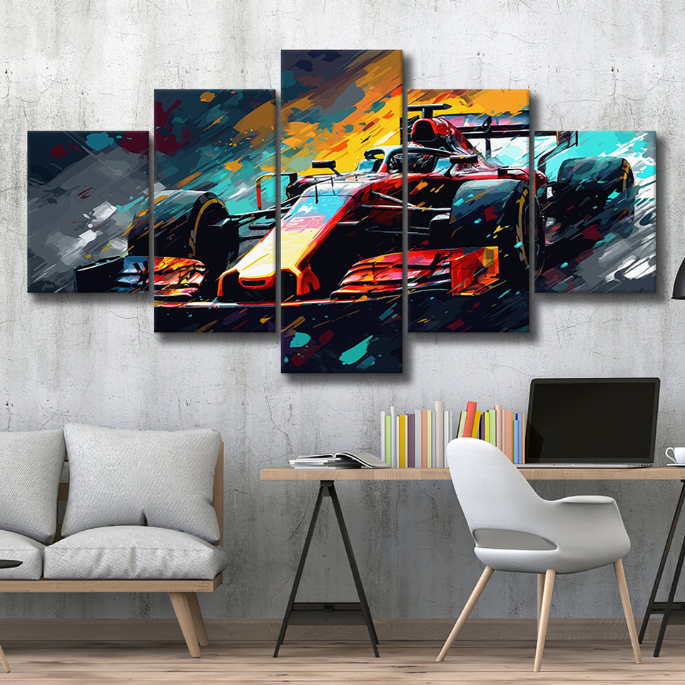 Formula 1 Racing Car Painting Wall Art, 5 Panel Canvas Prints Wall Art,Mixed Canvas, Large Canvas