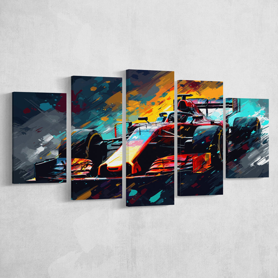Formula 1 Racing Car Painting Wall Art, 5 Panel Canvas Prints Wall Art,Mixed Canvas, Large Canvas