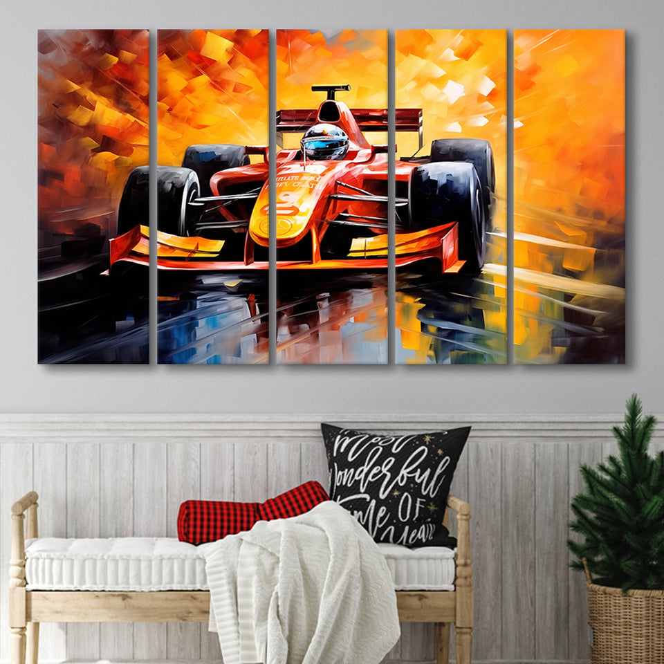 Formula One Oil Painting Art Grand Prix Colorful,5 Panel Extra Large Canvas Prints Wall Art Decor
