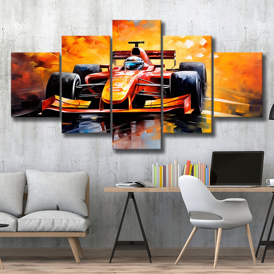 Formula One Oil Painting Art Grand Prix Colorful Mixed 5 Panel Large Canvas Prints Wall Art Decor