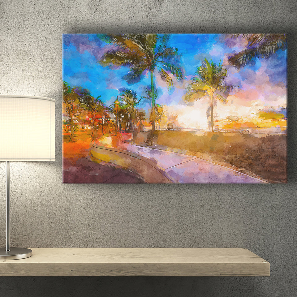 Fort Lauderdale Beach Florida Usa Dawn City Art Watercolor Canvas Prints Wall Art Home Decor, Large Canvas
