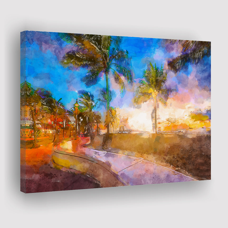 Fort Lauderdale Beach Florida Usa Dawn City Art Watercolor Canvas Prints Wall Art Home Decor, Large Canvas
