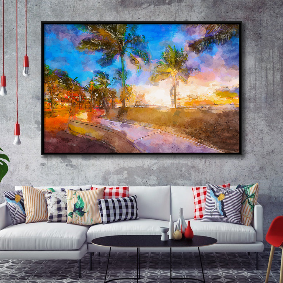 Fort Lauderdale Beach Florida Usa Dawn City Art Watercolor Framed Canvas Prints Wall Art Home Decor,Floating Frame