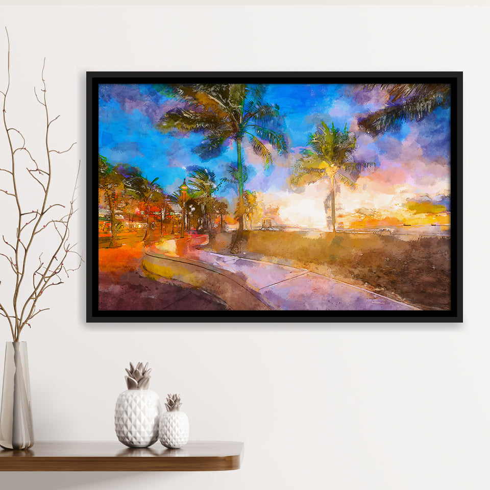 Fort Lauderdale Beach Florida Usa Dawn City Art Watercolor Framed Canvas Prints Wall Art Home Decor,Floating Frame