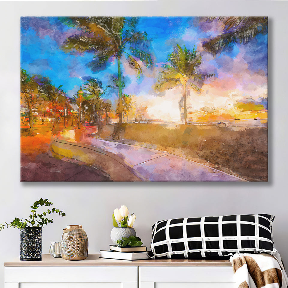 Fort Lauderdale Beach Florida Usa Dawn City Art Watercolor Canvas Prints Wall Art Home Decor, Large Canvas
