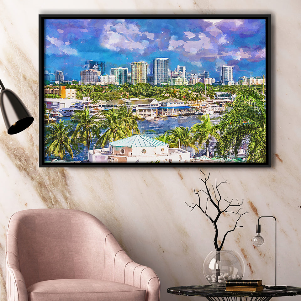Fort Lauderdale Florida Usa Skyline City Art Watercolor Framed Canvas Prints Wall Art Home Decor,Floating Frame