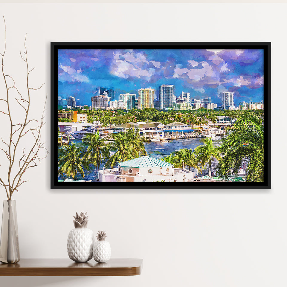 Fort Lauderdale Florida Usa Skyline City Art Watercolor Framed Canvas Prints Wall Art Home Decor,Floating Frame