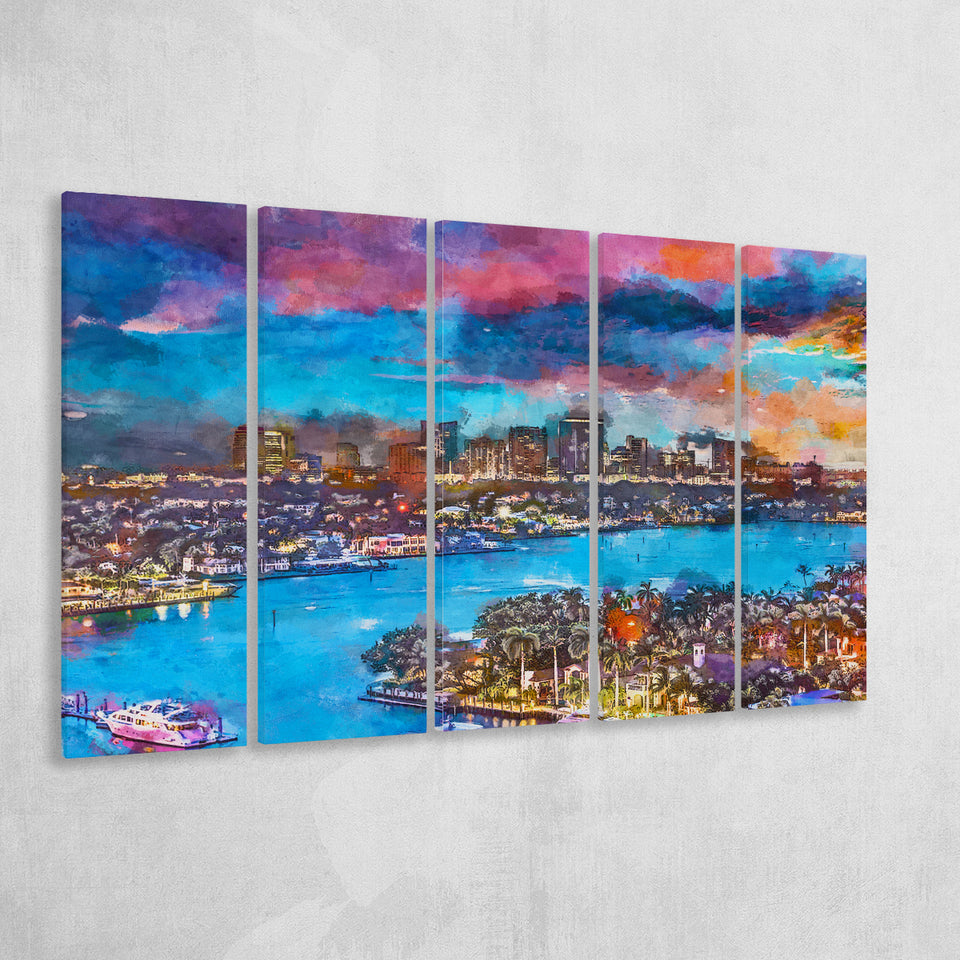 Fort Lauderdale Florida Usa Skyline V1 5 Pieces Extra Large Canvas Prints Wall Art Home Decor