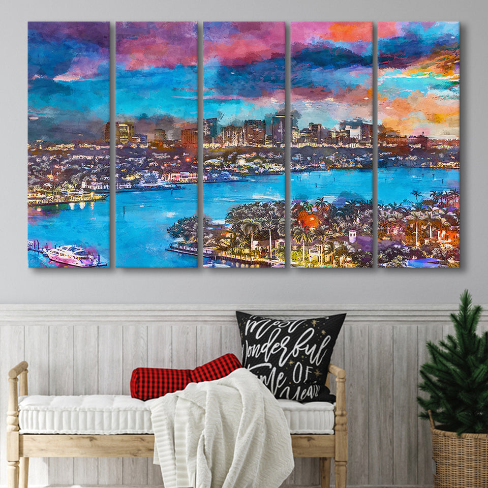 Fort Lauderdale Florida Usa Skyline V1 5 Pieces Extra Large Canvas Prints Wall Art Home Decor