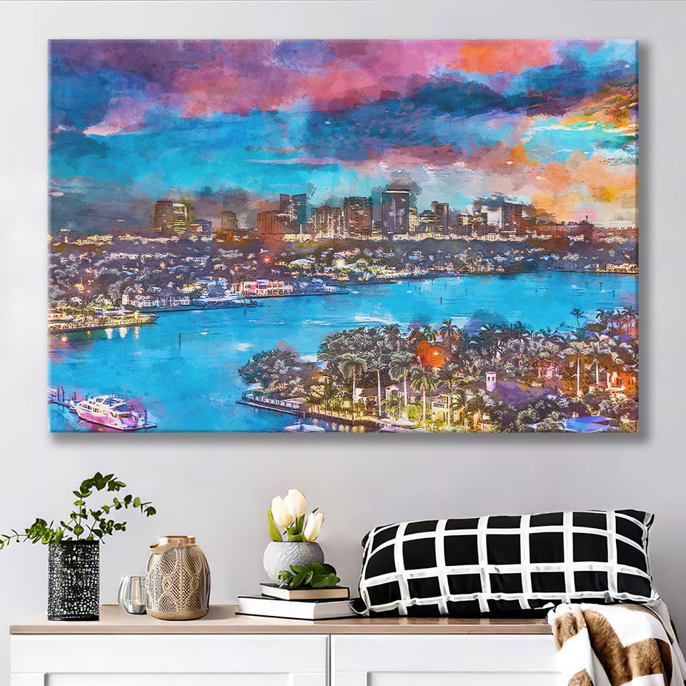 Fort Lauderdale Florida Usa Skyline V1 City Art Watercolor Canvas Prints Wall Art Home Decor, Large Canvas