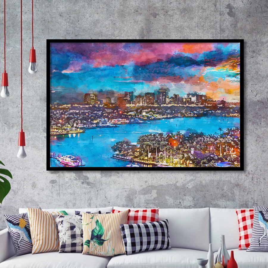Fort Lauderdale Florida Usa Skyline V1 City Art Watercolor Framed Art Prints Wall Art Decor,Framed Picture