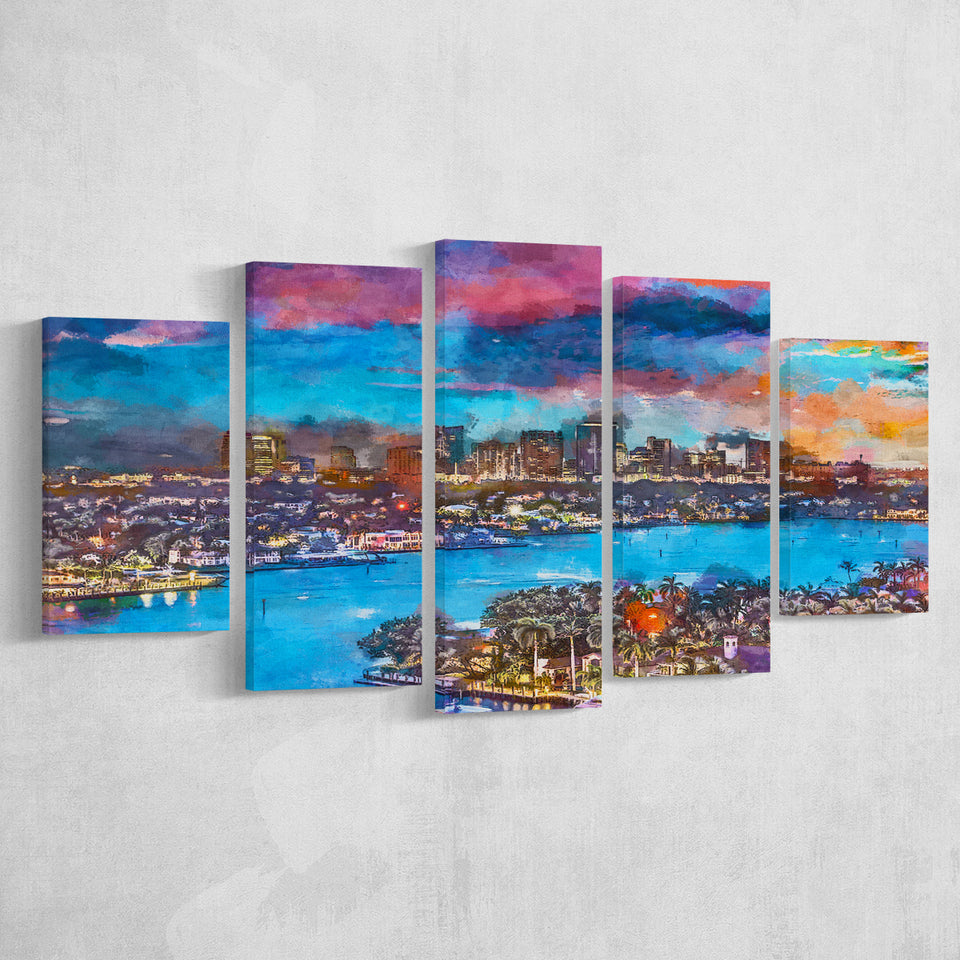 Fort Lauderdale Florida Usa Skyline V1 5 Pieces Mixed Canvas Prints Wall Art Home Decor