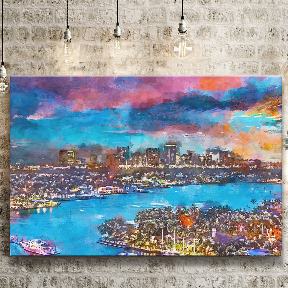 Fort Lauderdale Florida Usa Skyline V1 City Art Watercolor Canvas Prints Wall Art Home Decor, Large Canvas