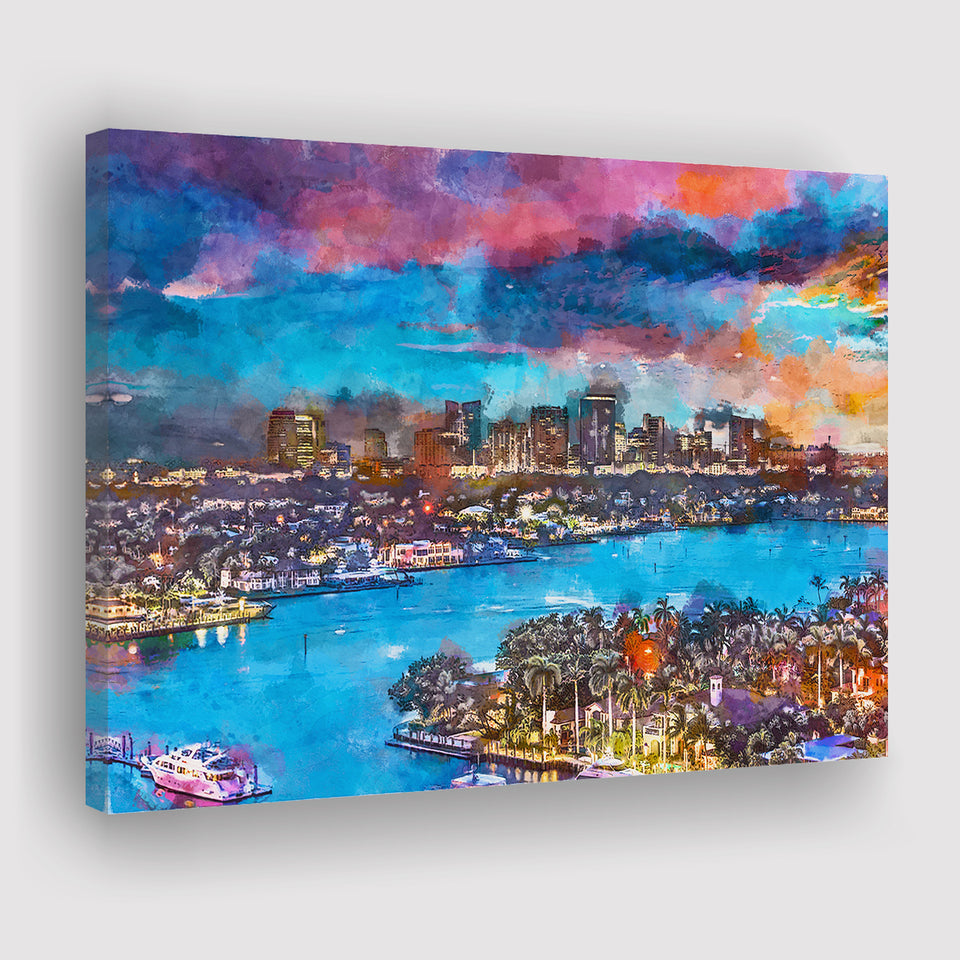 Fort Lauderdale Florida Usa Skyline V1 City Art Watercolor Canvas Prints Wall Art Home Decor, Large Canvas