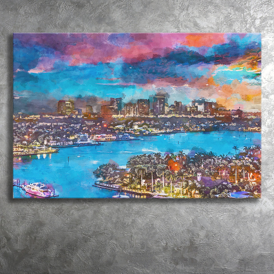 Fort Lauderdale Florida Usa Skyline V1 City Art Watercolor Canvas Prints Wall Art Home Decor, Large Canvas