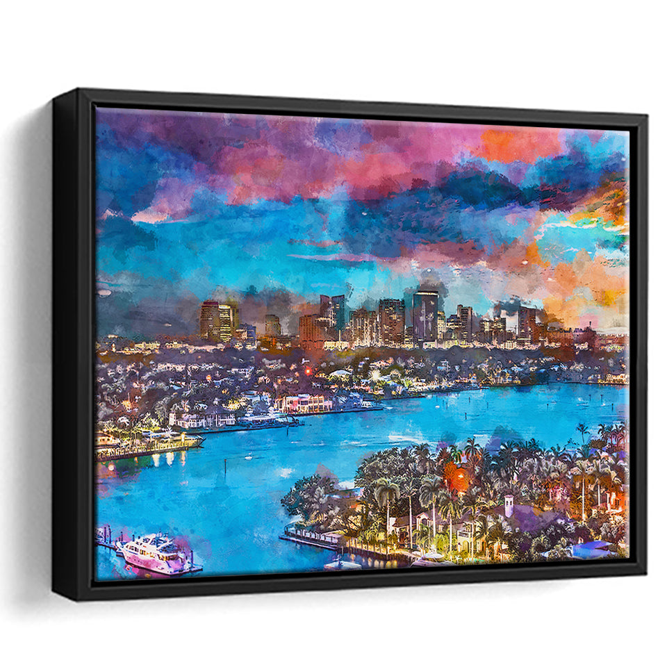 Fort Lauderdale Florida Usa Skyline V1 City Art Watercolor Framed Canvas Prints Wall Art Home Decor,Floating Frame