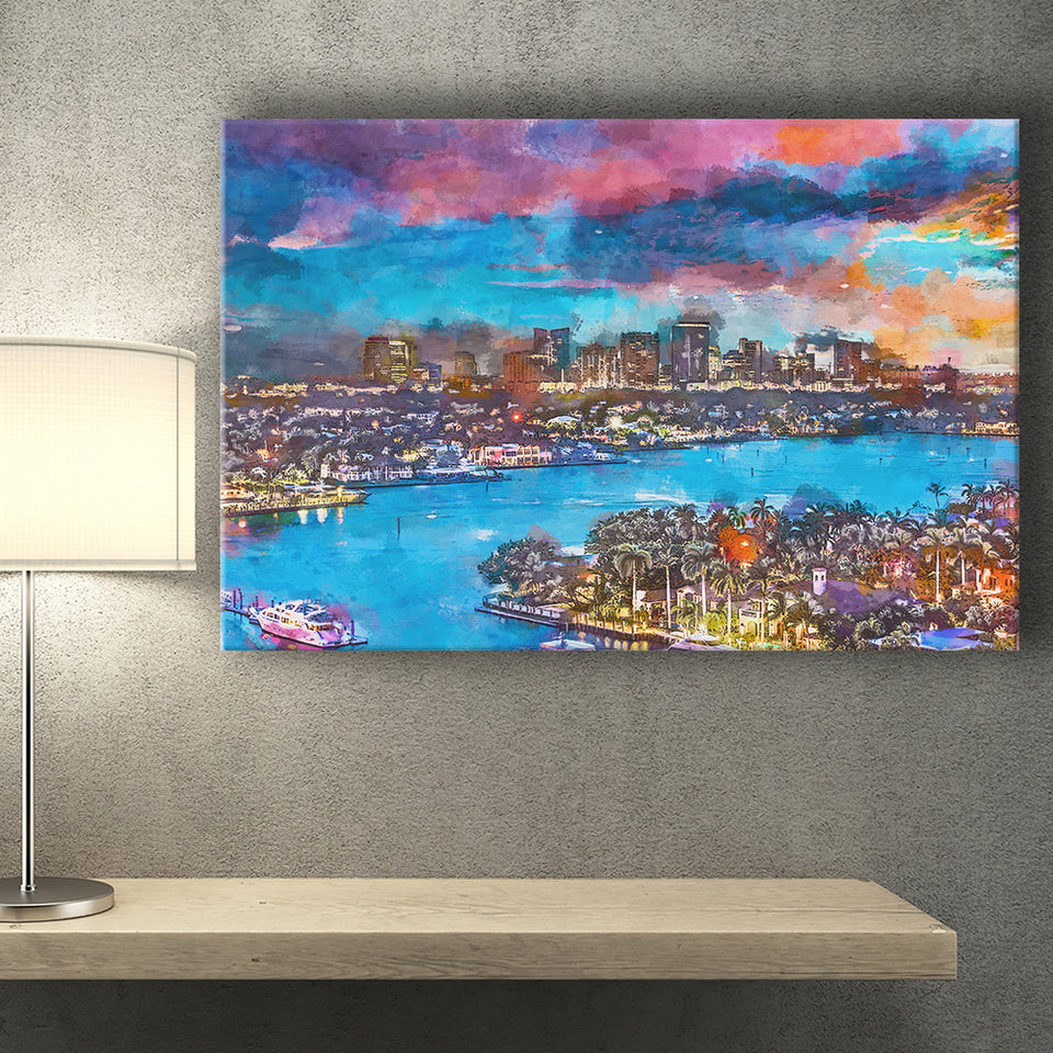 Fort Lauderdale Florida Usa Skyline V1 City Art Watercolor Canvas Prints Wall Art Home Decor, Large Canvas