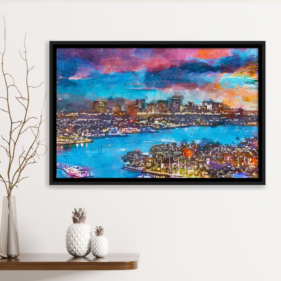 Fort Lauderdale Florida Usa Skyline V1 City Art Watercolor Framed Canvas Prints Wall Art Home Decor,Floating Frame