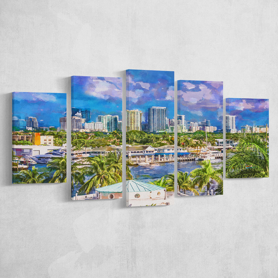 Fort Lauderdale Florida Usa Skyline 5 Pieces Mixed Canvas Prints Wall Art Home Decor