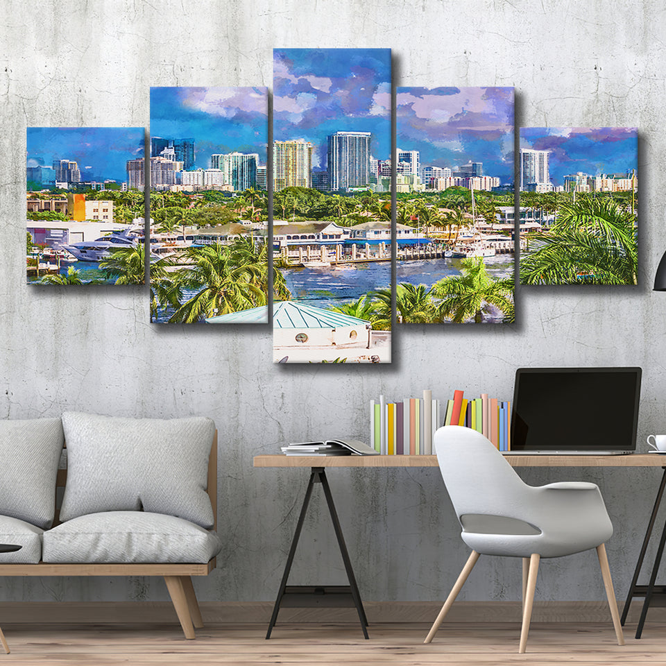 Fort Lauderdale Florida Usa Skyline 5 Pieces Mixed Canvas Prints Wall Art Home Decor