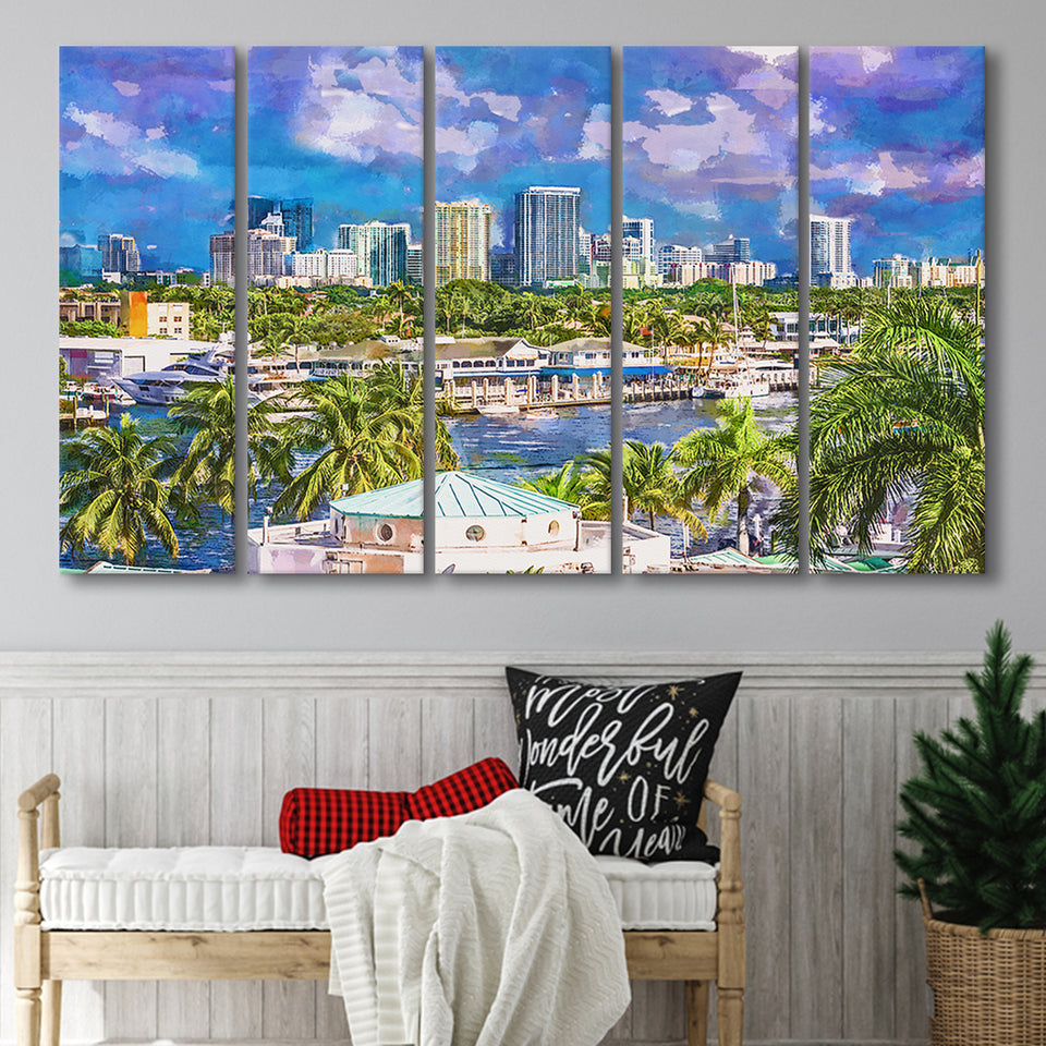 Fort Lauderdale Florida Usa Skyline 5 Pieces Extra Large Canvas Prints Wall Art Home Decor