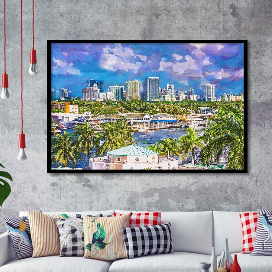Fort Lauderdale Florida Usa Skyline City Art Watercolor Framed Art Prints Wall Art Decor,Framed Picture