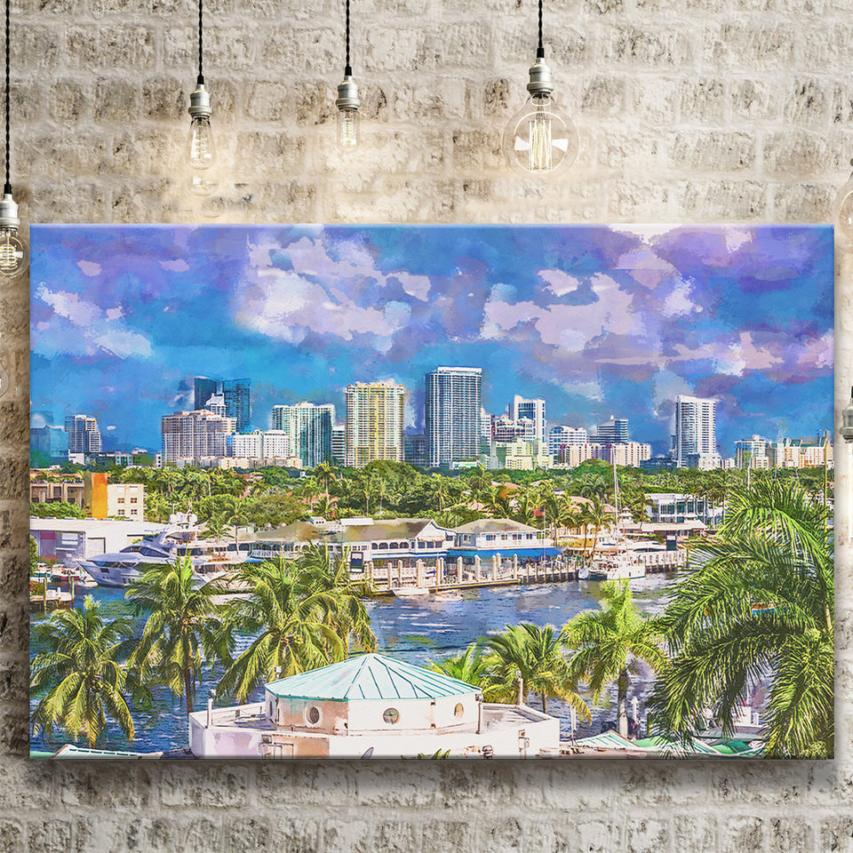 Fort Lauderdale Florida Usa Skyline City Art Watercolor Canvas Prints Wall Art Home Decor, Large Canvas
