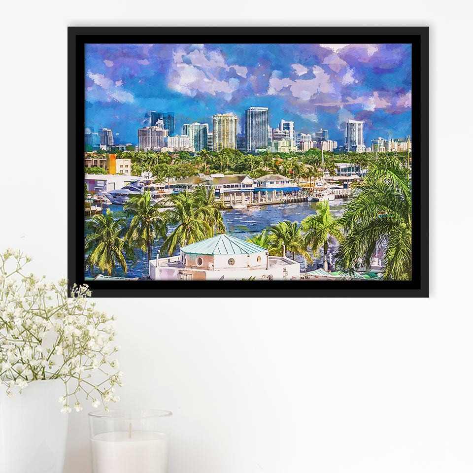 Fort Lauderdale Florida Usa Skyline City Art Watercolor Framed Canvas Prints Wall Art Home Decor,Floating Frame