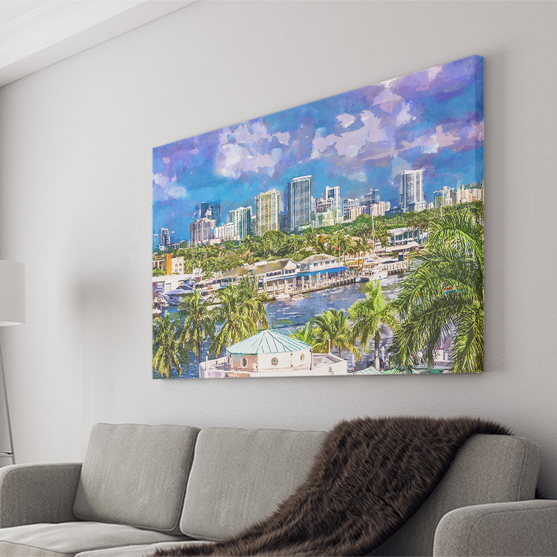 Fort Lauderdale Florida Usa Skyline City Art Watercolor Canvas Prints Wall Art Home Decor, Large Canvas
