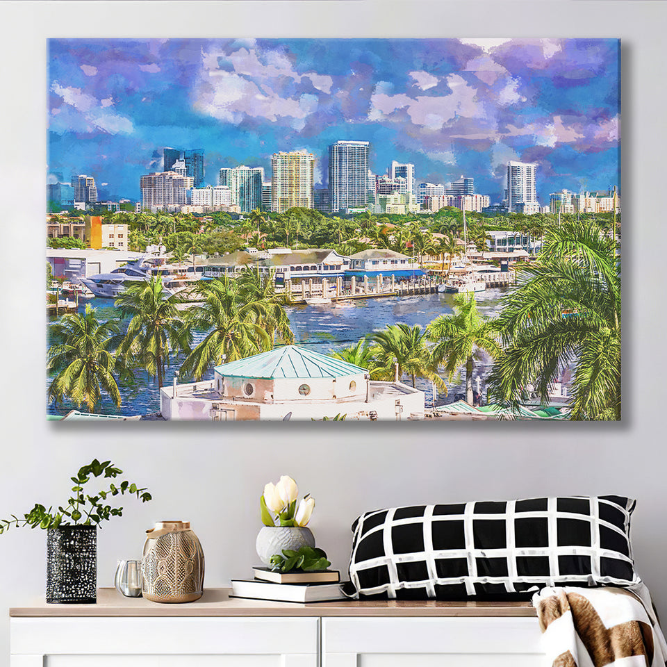 Fort Lauderdale Florida Usa Skyline City Art Watercolor Canvas Prints Wall Art Home Decor, Large Canvas
