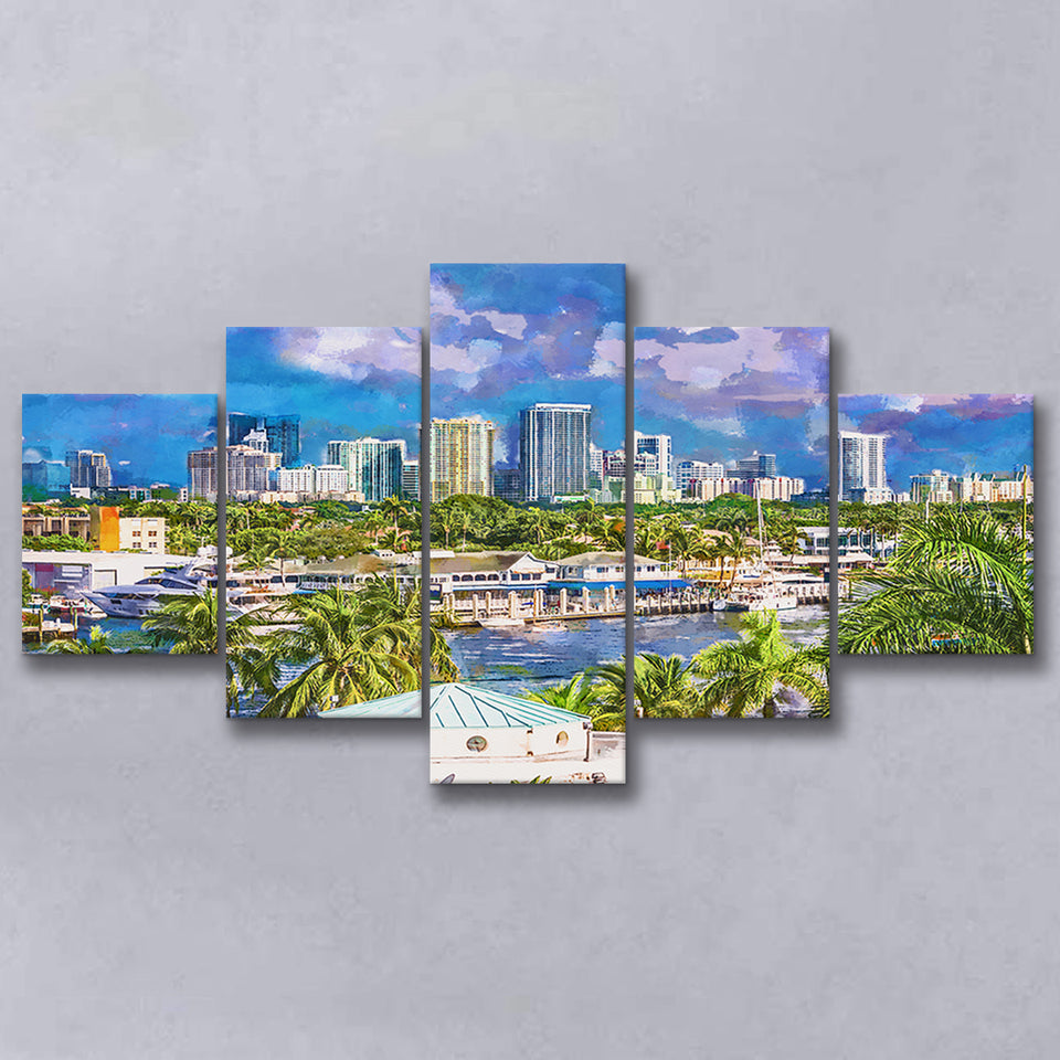 Fort Lauderdale Florida Usa Skyline 5 Pieces Mixed Canvas Prints Wall Art Home Decor